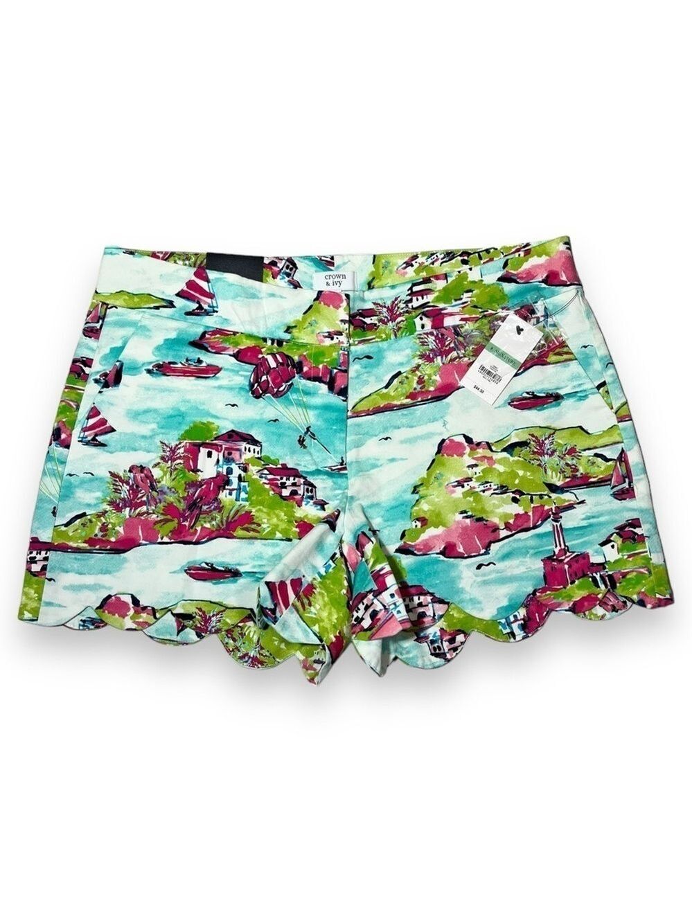 Crown & Ivy Women’s Scallop Hem Sailboat Shorts Green White Size 8